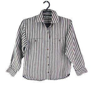 Womens Anne Klein II Linen Shirt Red Black Striped Button-Up Long Sleeve Size 4